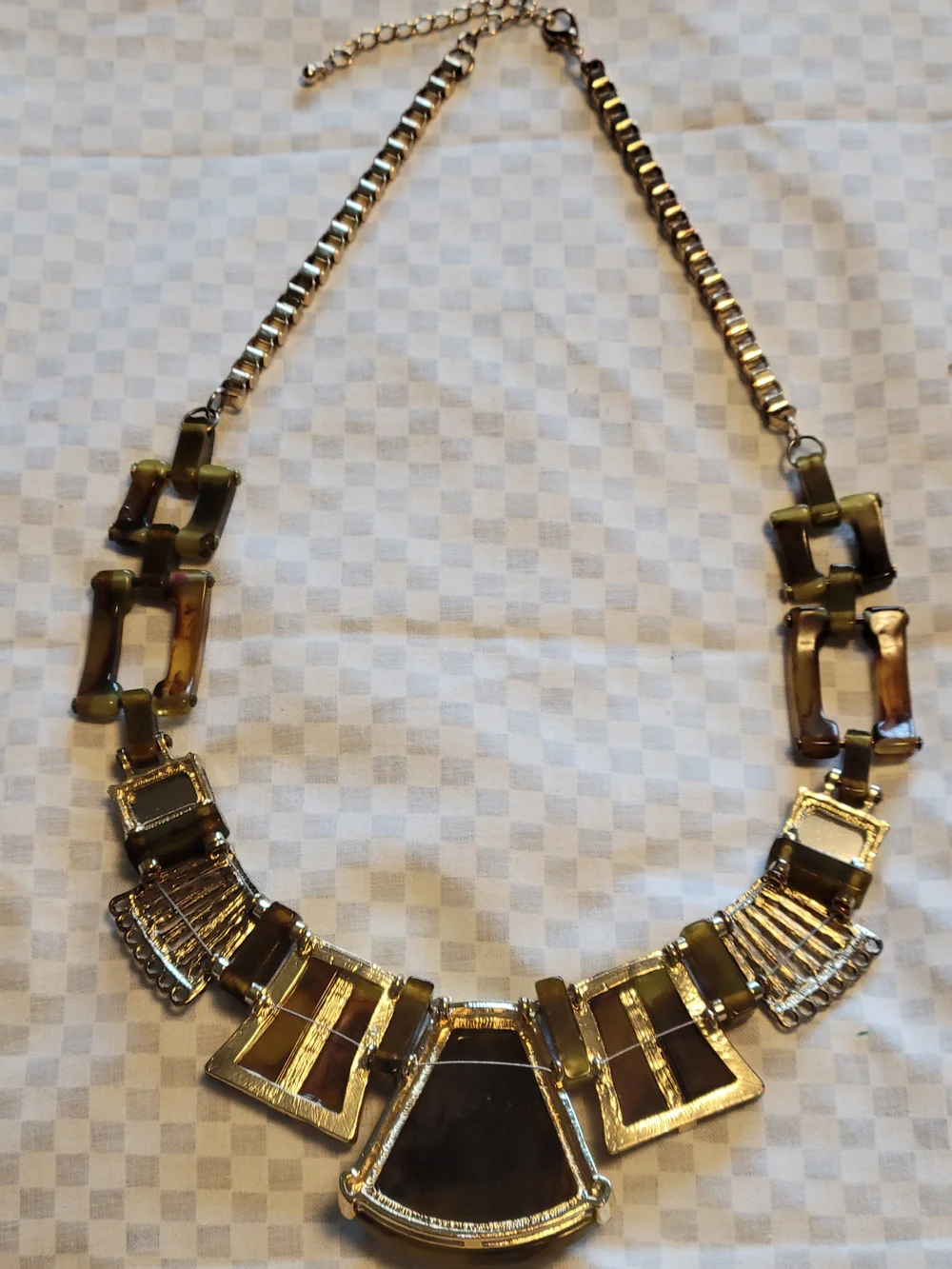 Faux Tortoise Shell Bib Statement Necklace w 3 Gold Tone Stone & Inticate Panels - Picture 4 of 9